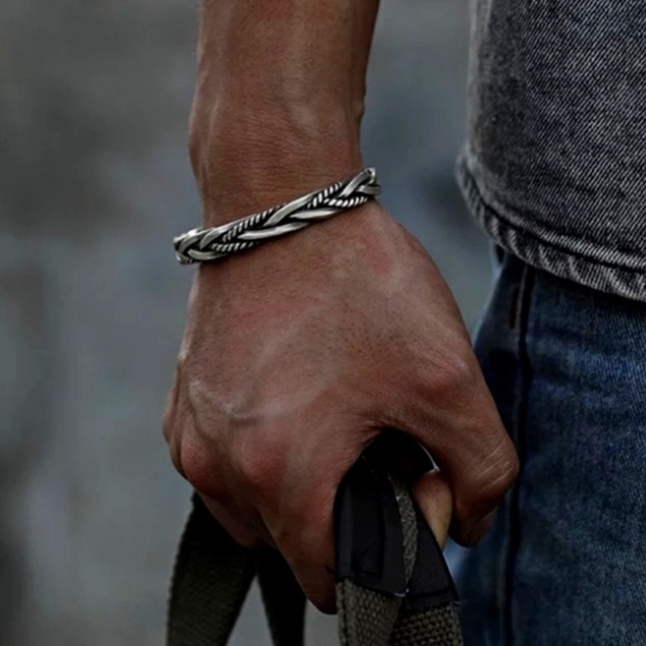 MEN’S Solid Braided Adjustable 925 Sterling Silver Cuff Bracelet - Picture 8 of 14